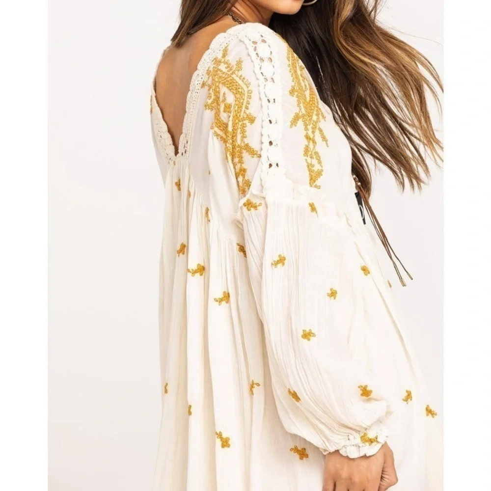 Free people oversized embroidered mp a line midi swing dress xs/s mustard ivory
